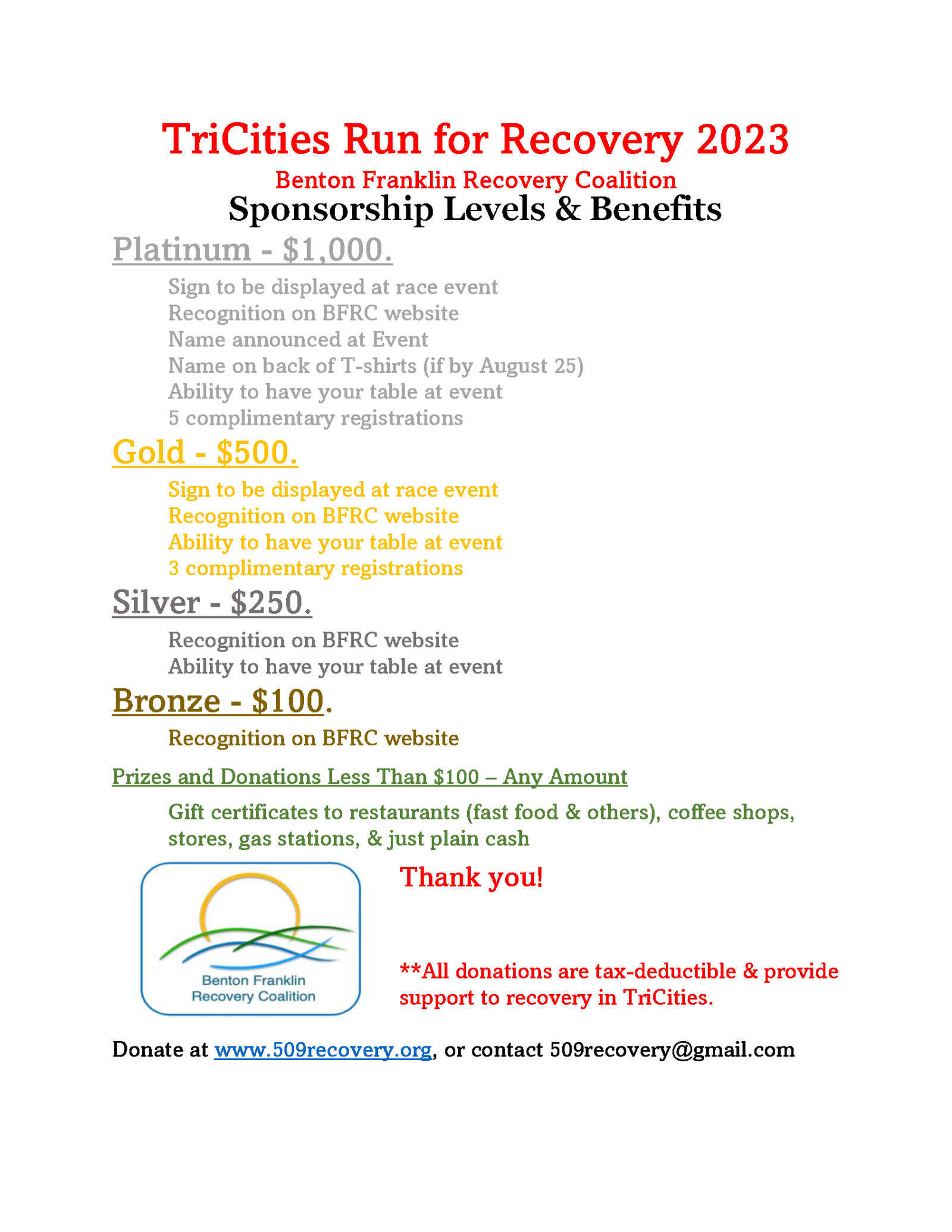TriCities Run for Recovery 2023.Sponsorship flier